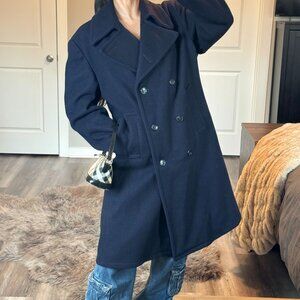 Vintage Fox Knapp Heavy Wool Trench Coat Longline Double Breasted Preppy Luxury